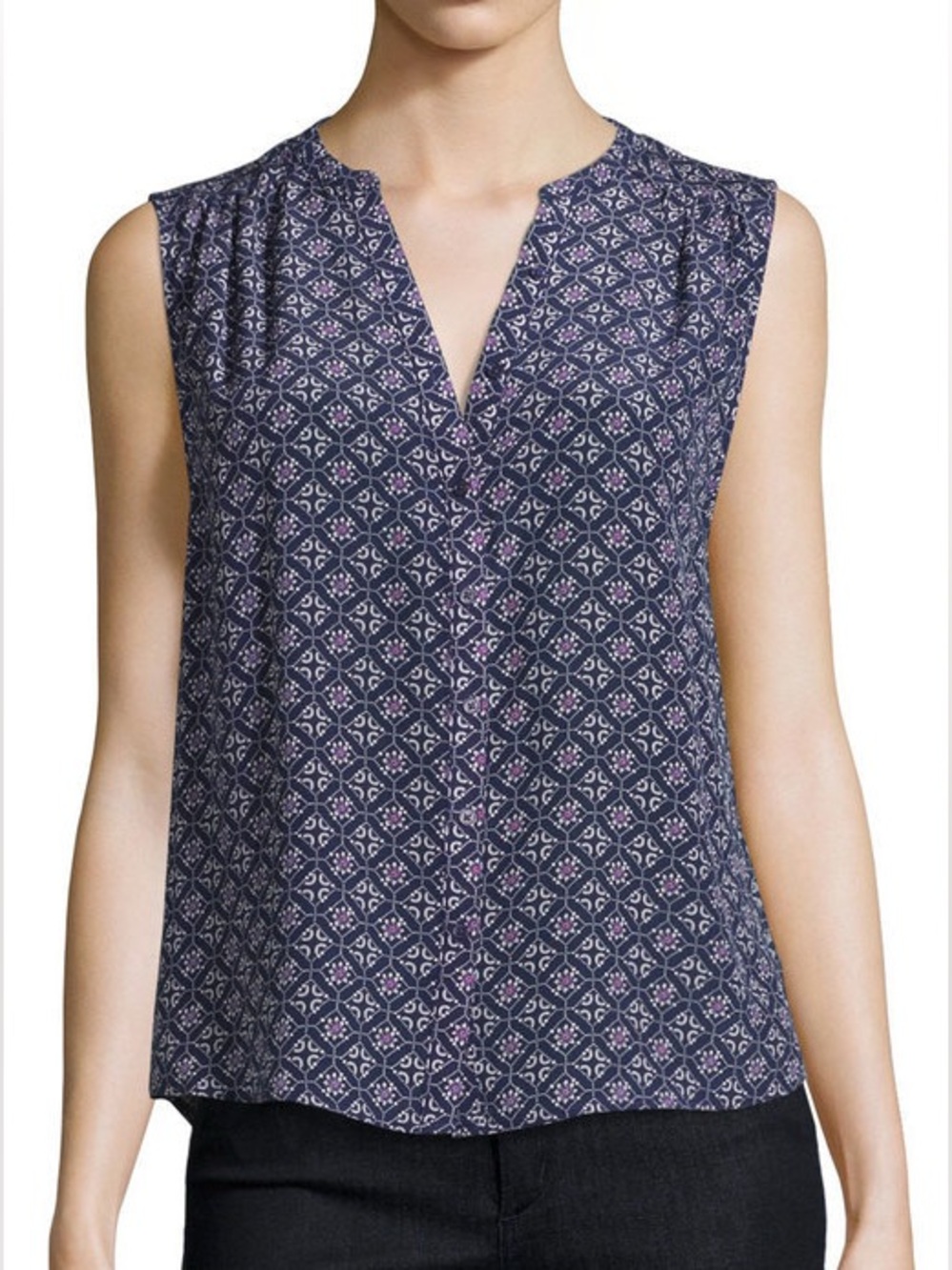 Joie Finnegan 100% Silk Button Front Tank Top Blouse Navy Blue Floral Womens XS